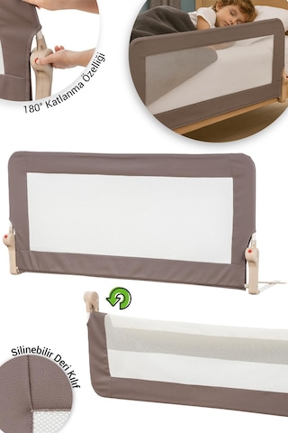 Premium 120x65 Cm Deri Kılıflı Yatak Bariyeri, Katlanır Yatak Korkuluğu, Kahve
