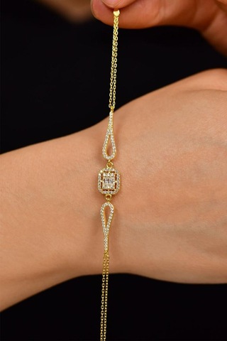 Roza Silver Zirkon Taşlı Gold 3 Sıra Baget Gümüş Bileklik