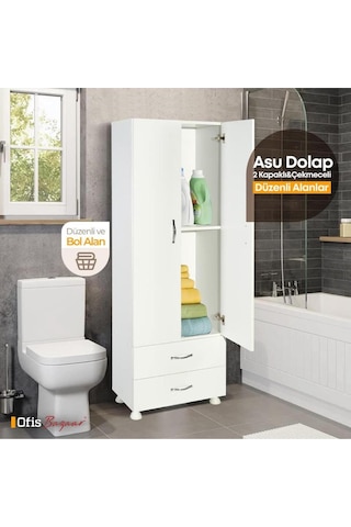 Çok Amaçlı Banyo Dolabı - 2 Kapaklı , 2 Çekmekceli Dolap Beyaz