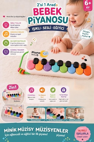 Işıklı ve Sesli 2'si 1 Arada Pilli Eğitici Bebek Piyanosu 2 Kademeli Ses Ayarlı İlk Piyano Deneyimi Yeşil