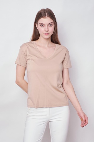 Jument Kadın V Yaka Kısa Kol Likralı Span Kumaş Şık T-shirt Bluz-koyu Bej K.bej