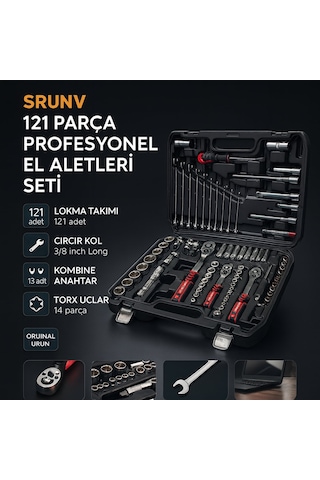 Srunv 121 Parça Profesyonel El Aletleri Seti Lokma Takımı, Cırcır Kol, Kombine Anahtar, Torx Uçlar, Cr-v Çelik