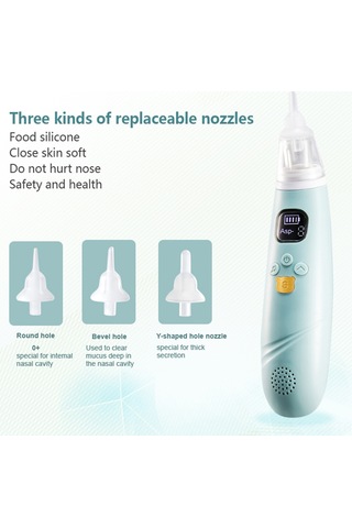 Yaozixa Bebek Elektrikli Burun Emici - Düşük Frekanslı Sessiz - 3 Seviye Emme - Sakinleştirici Müzik - Li-poly Batarya - 3 Silikon Uç Yeşil