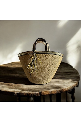 Hasır Çanta, Plaj Çantası, Tasarım Çanta, Siyah Gold Şeritli El Çantası Haki - Siyah