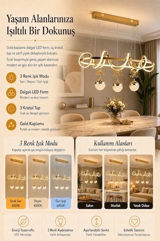 Ey-El Tasarım Kuzey Sıralı Gold Kaplamalı 3 Renk Sarkıt Led Avize Modern Gold