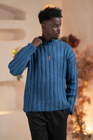 Oversize Kendinden Çizgili Pamuklu Kalın Triko Spor Kazak Indigo