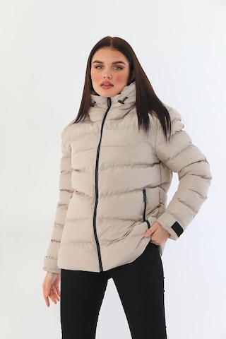 Spor Kadın Polarlı Kürklü Kapüşonlu Su Geçirmez Rüzgara Dayanıklı Şişme Mont Parka-104 Taş