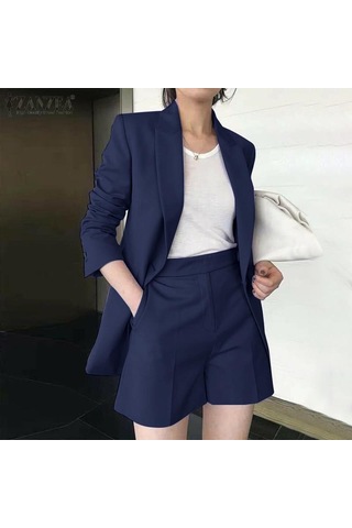 Zanzea İş Kıyafetleri Kadın Hırka Ve Şort Günlük İki Parçalı Takım Elbise Lacivert