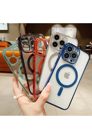 Apple Uyumlu iPhone 14 Pro Max Tam Köşeleri Renkli Şeffaf Kamera Korumalı Magsafe Luxury Kılıf