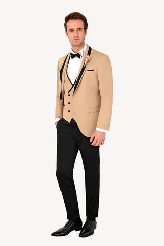 Ysf Erkek Bej Slim Fit Yelekli Şal Yaka Damatlık