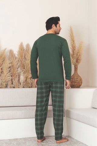 Sude Homewear Erkek Ekoseli Cepli Uzun Kollu Pijama Takımı Haki