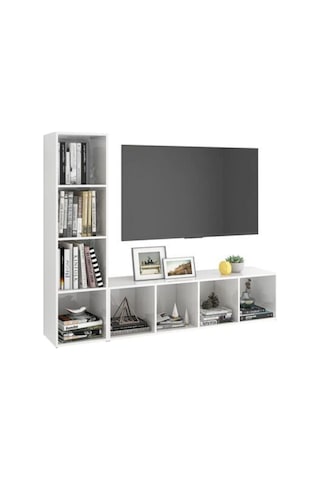 Tdesıgno Yağmur Kitaplıklı Televizyon Sehpası - Ünitesi -kitaplık-beyaz 150 Cm 8 Raflı Beyaz