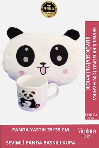 Özel Tasarım Sevgililer Doğum Günü Manita Sevgili Baskılı Kupa Bardak Hediyeli Peluş Panda Yastık