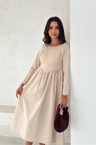 Neşeli Butik Kadın Sırt Dekolteli Uzun Kollu Midi Elbise Nbk4311 Bej