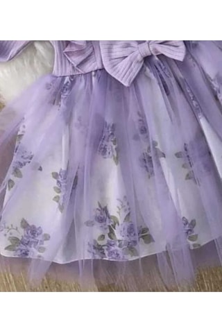 Kız Çocuk Lila Mor Çiçekli Uzun Kollu Tütü Özel Gün Hediye Doğum Günü Abiye Prenses Şık Elbise Mor