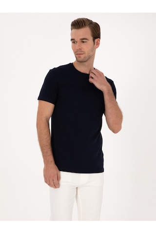 Lacivert Slim Fit %100 Pamuk Bisiklet Yaka Şerit Detaylı T-shirt