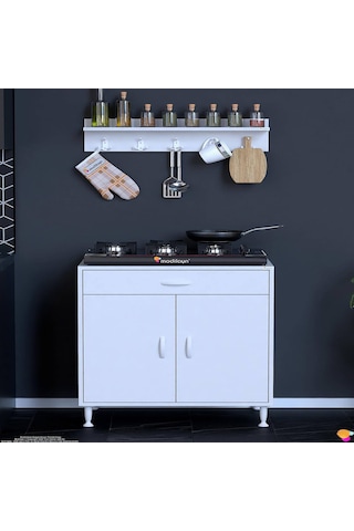 Modilayn Doqu Xxxl Set Ocak Altı Dolap 80x88x48 Cm, Çekmeceli, Kapaklı, Tüp Bölmeli Ve Baharat Raflı Beyaz