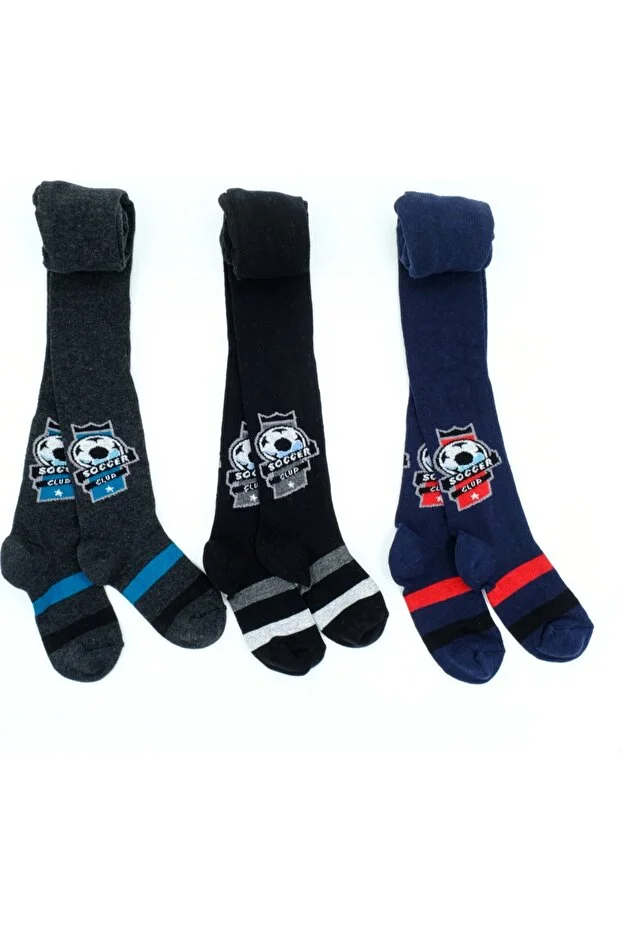 Veraye Socks Erkek Külotlu Çorap Soccer Clup Desen Pamuklu Penye 3'lü Gri-siyah-lacivert
