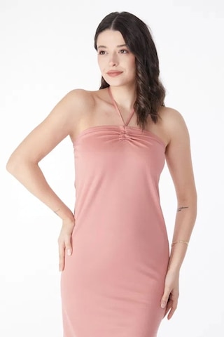 Kazax Bağcık Detaylı Abiye Elbise Pembe