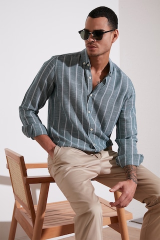 Buratti Pamuklu Çizgili Regular Fit Düğmeli Yaka Erkek Gömlek Cf21S112480 Haki-Beyaz