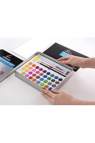 Tablet Sulu Boya Seti 36 Renk Metal Kutu + Fırça Ve Kağıt Hediyel