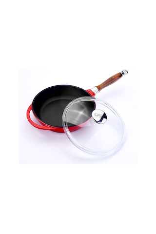 Lava Döküm Kızartma Tavası Ahşap Kulplu Cam Kapaklı Çap(Ø)24cm