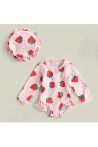 Pembe Çilek Desenli Kolay Giydirilebilir Şirin Şapkalı Mayo Seti Pembe