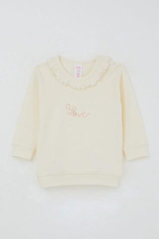 Breeze Kız Bebek Pijama Takımı Omuzdan Patlı Yaka Kısmı Fırfırlı Yazı Nakışlı 4 Ay-1 Yaş, Krem Krem