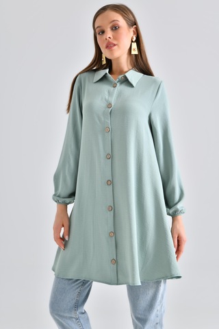 Saade Sââde Kadın Gömlek Yaka Ahşap Düğmeli Kolağzı Lastikli Aerobin Dokuma Tunik - Regular Fit Mint