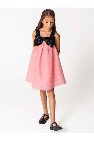 Sheshe Payet Fiyonk Detaylı Pembe Jakar Kız Çocuk Elbise Renkli