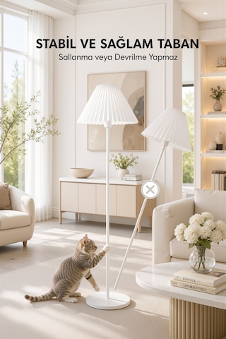 Metal Beyaz Lambader 150 Cm İthal Beyaz Kumaş Pileli Kırma Modern Başlık Lam10