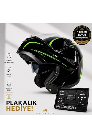 Vrt Çene Açılır Güneş Vizörlü Kask + Plakalık Siyah-yeşil