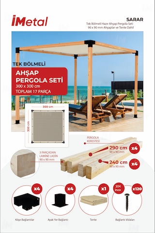 Sarar Tek Bölümlü Pergola Seti 90 x 90 MM Ahşap ve Tente Dahil