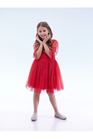 Ahengim Kız Çocuk Yıldız Baskılı Trend Tül Elbise Ak2246 Kırmızı