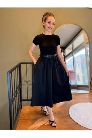 Ali Butik Siyah Kemerli Basıc Midi Elbise