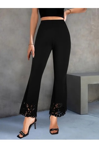 Modaserdem Kadın Yüksek Bel Paçaya Doğru Genişleyen Lazer Çiçek Kesim Detaylı Ithal Krep Pantolon Siyah