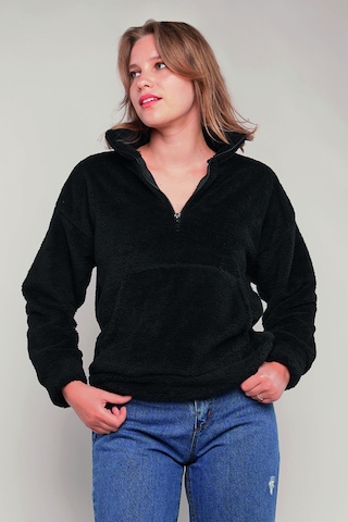 Gabria Kanguru Cepli Yarım Fermuarlı Peluş Sweat Siyah