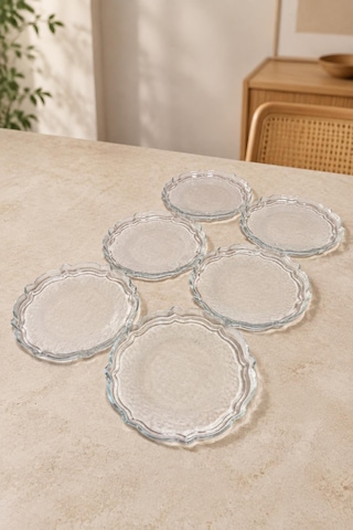 6 Lı Dalgalı Kenar Cam Pasta Tabağı Seti Tatlı Kurabiye Kahvaltı Ve Sunum Tabağı 16 Cm Şeffaf