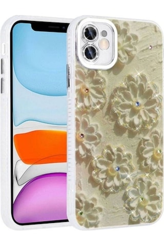 Apple Uyumlu iPhone 11 Kılıf Çiçek Desenli Parlak Taşlı Sert Silikon Zore Garden Kapak Beyaz