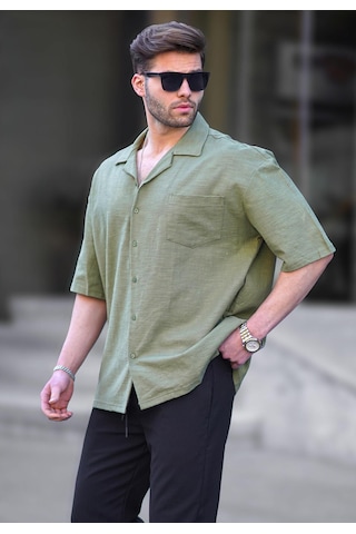 Madmext Haki Kısa Kollu Oversize Erkek Gömlek 6737 Haki