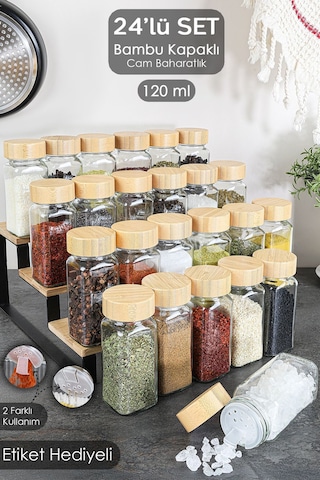 24'lü Bambu Kapaklı Cam Baharatlık Seti - Etiketli Tuzluk Biberlik Köşeli Baharat Takımı 120 Ml ŞEffaf