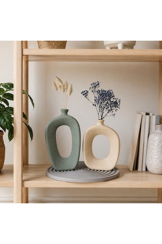 Momiko El Yapımı Modern Bohem Beton Vazo Seti Dekoratif Kemerli İkili Vazo & Yuvarlak Altlık Premium Seri Adaçayı-bej-vizon