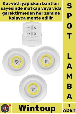 Lamba Uzaktan Kumandalı Yapışkanlı Pilli Mutfak Banyo Dokunmatik Şık Led Aydınlatma 3'lü Spot Lamba Çok Renkli