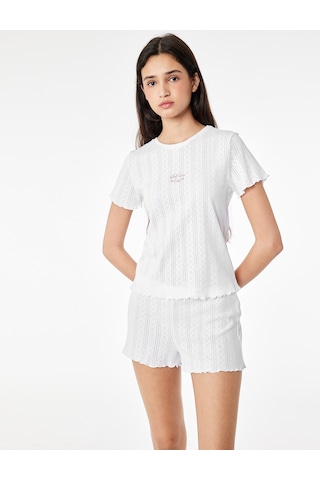 Koton Pamuklu Kısa Kollu Şortlu Pijama Takımı Beyaz 6slk40155mk