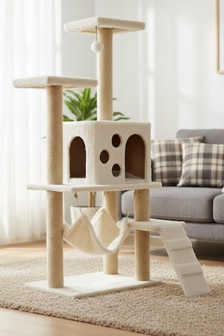 Missidea B10 Hamaklı Yuvalı Lüx Kedi Tırmalama Evi Beyaz