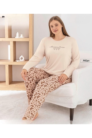 Pijamoni Kadın Milan Büyük Beden Bisiklet Yaka Uzun Kol İnce Pijama Takımı 7666/37 - 1 Adet Ekru