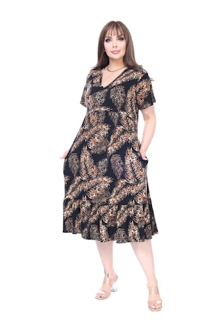 Melsay Butik Göğüsten Robalı V Yaka Kısa Kollu Siyah Başak Desen Cepli Elbise Lacivert