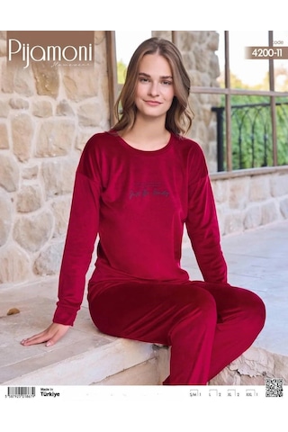 Pijamoni Kadın Kışlık Bisiklet Yaka Likralı Soft Kadife Pijama Takımı 4200/11 - 1 Adet 001