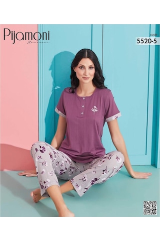Pijamoni Kadın Viskoz Likralı Düğme Yaka Kaşkorse Patlı Kısa Kol Pijama Takımı 5520-5 / 1 Adet Mor