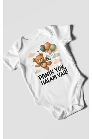 Morivokids Panik Yok, Halam Var Kısa Kollu Bebek Body %100 Pamuk Beyaz
